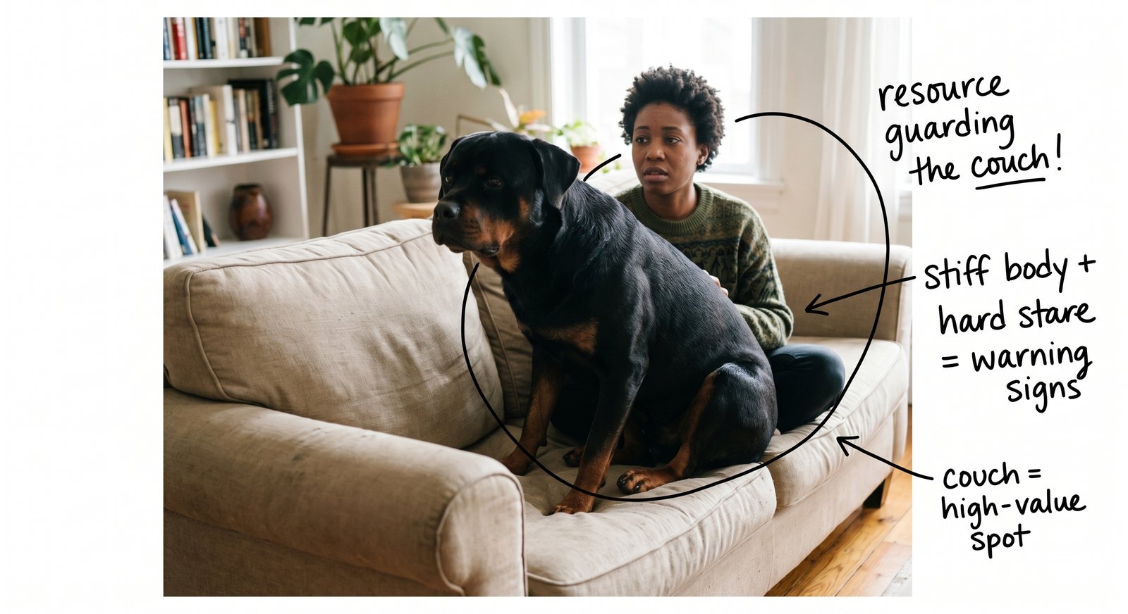Prevent guarding by keeping dogs off the couch with clear, firm communication