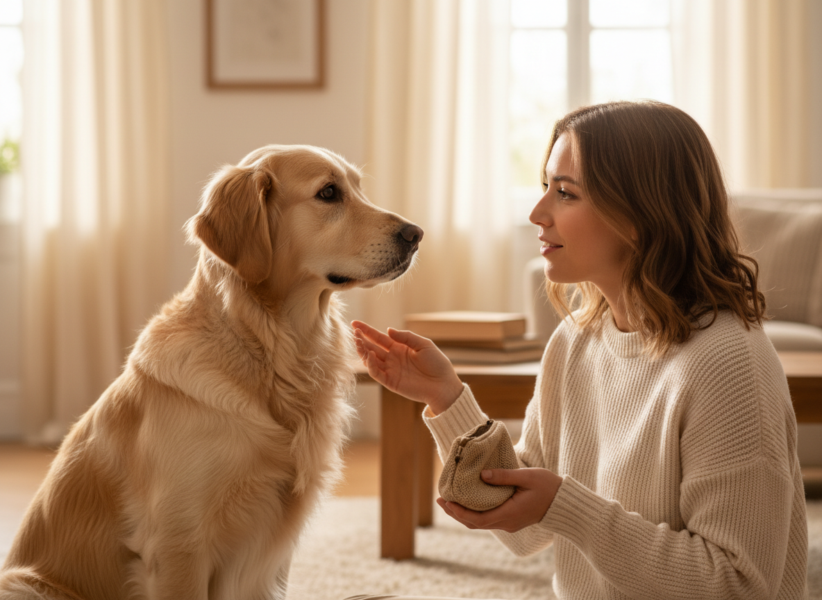 Happy dog learning with owner