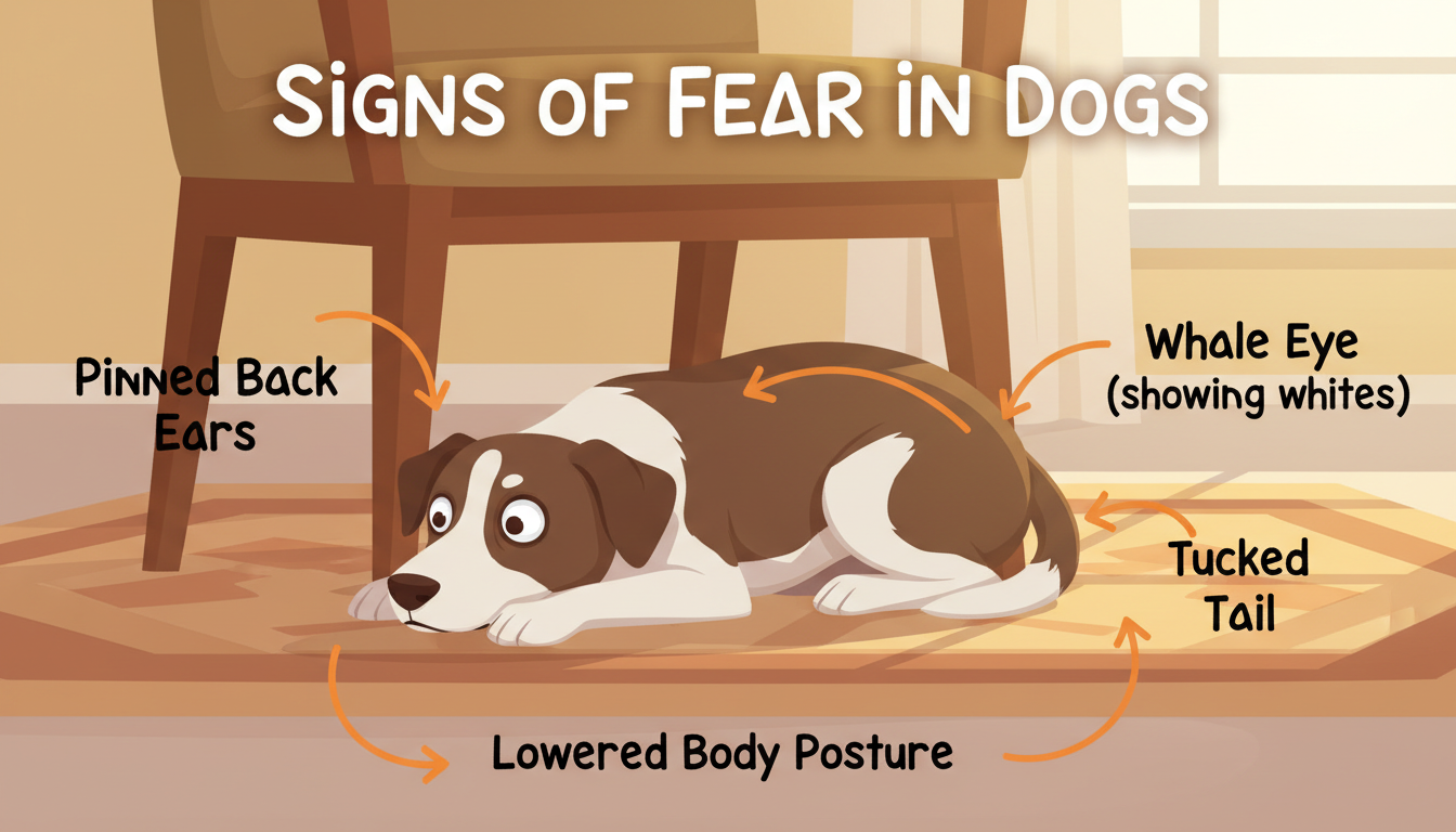 Dog showing anxiety signals - pinned ears, whale eye, tucked tail, and lowered body posture