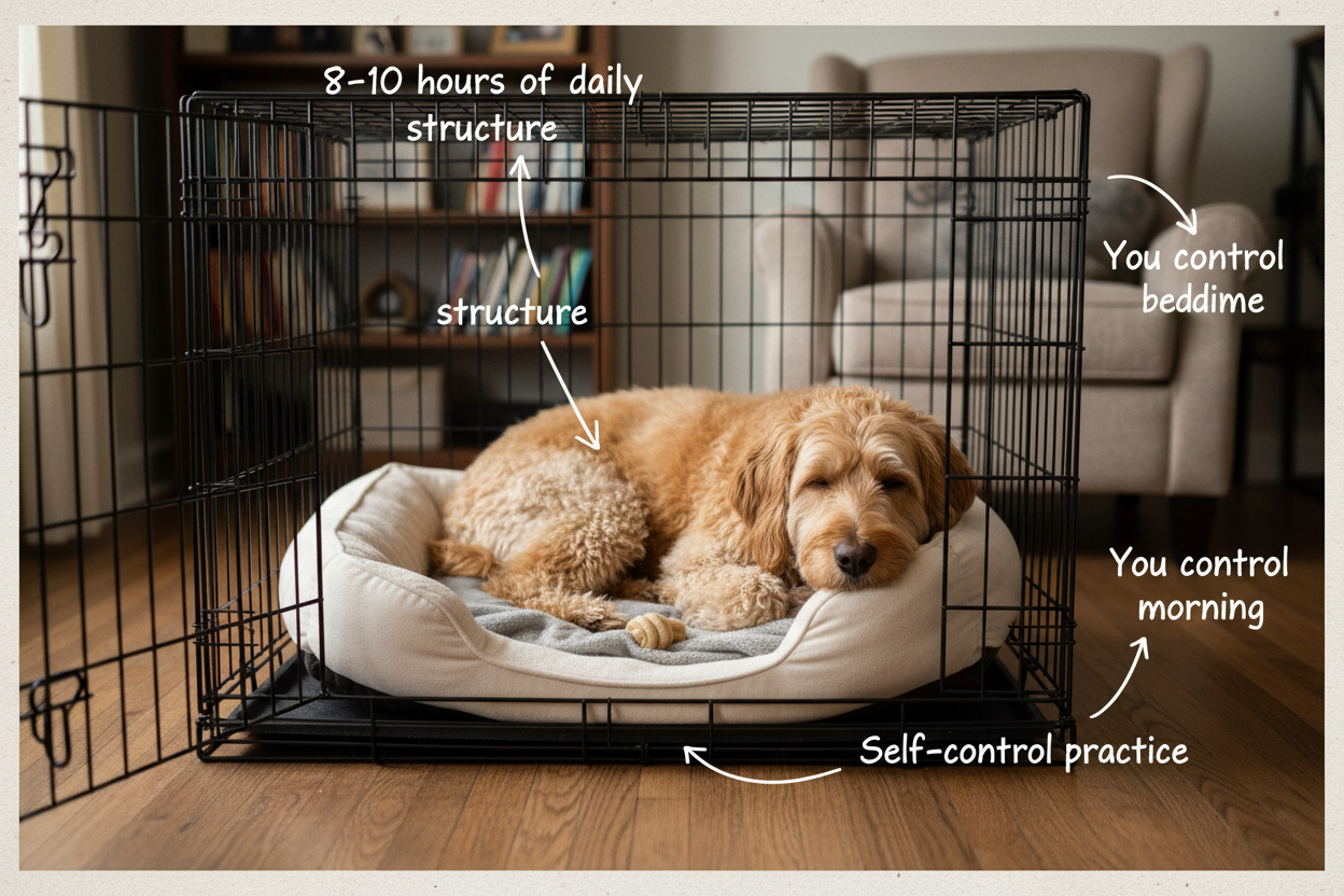 A content dog resting in a crate demonstrating how crate training provides structure