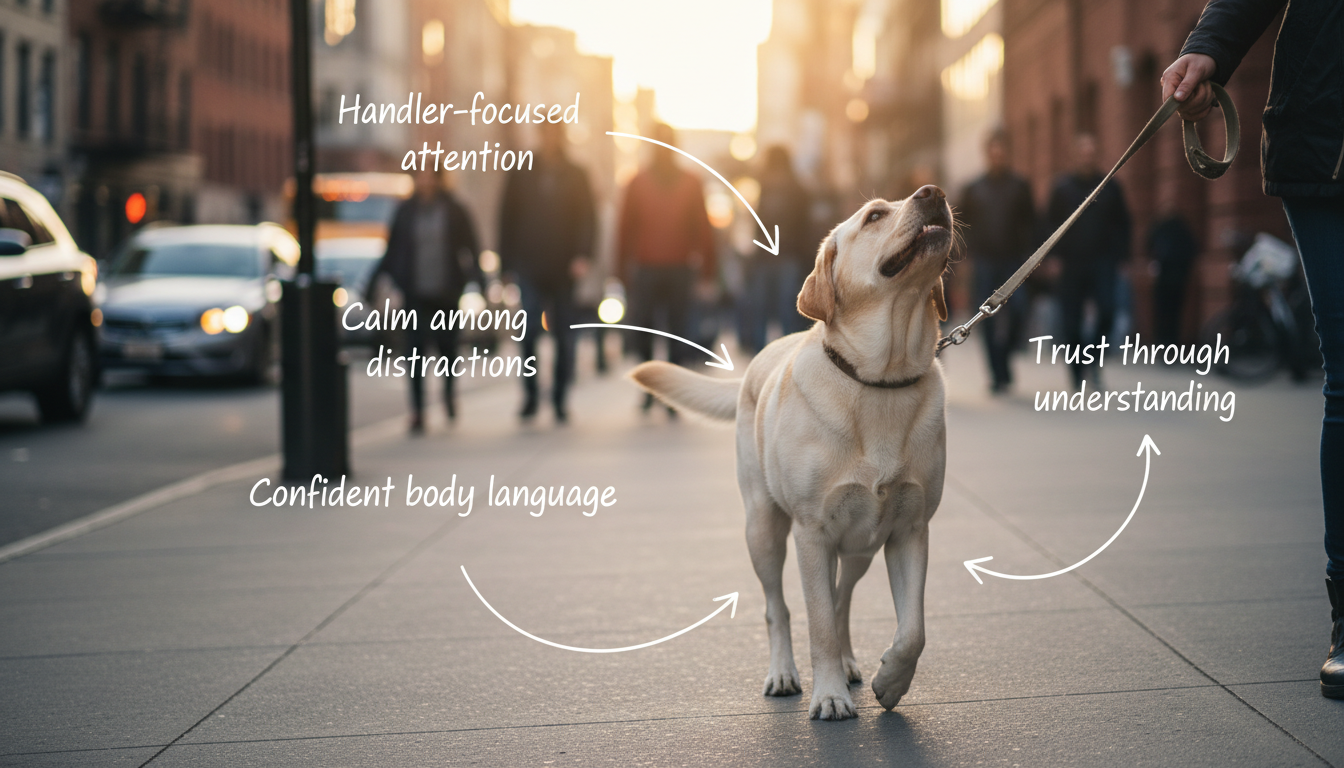 A reliable dog walking calmly on loose leash through distractions